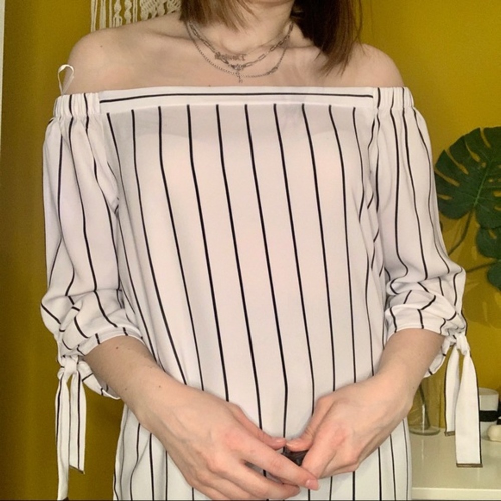 B&W STRIPED OFF THE SHOULDER TUNIC